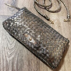 Vintage leather clutch Elliott Lucca gold and black weave design
